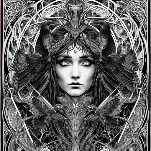 Prompt: ultra realistic black and white coloring page with raven face goddess of death surrounded by dark blue and red butterfly's in art nouveau plus digital art style