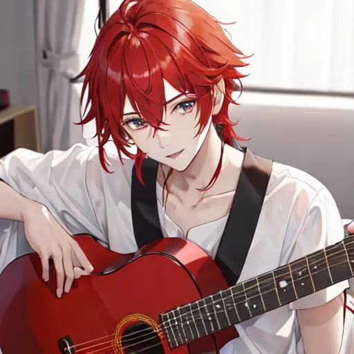 Prompt: Zerif 1male (Red side-swept hair covering his right eye) singing and playing the guitar