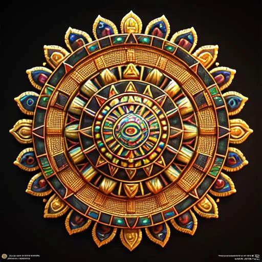 Prompt: Aztec Sun Stone Mandala Art, Symmetrical composition, Ultra detailed and intricate, see in meditation,fantasy land，(full of fear,suffering, relief,life),lines showing light，photorealistic, 8k, hyperrealism, hyperrealistic , unreal engine render, ultra detailed, ultra-realistic, octane render