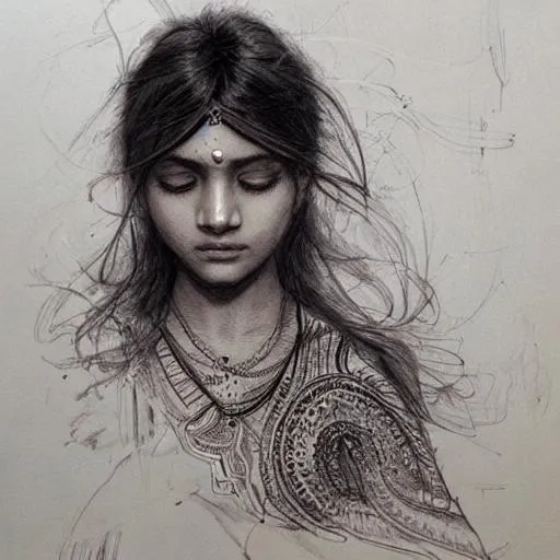 Prompt: Indian girl, pen and ink, intricate line drawings, very intricate hair, intricate face, pencil drawing, strong pencil crosshatch, pastel colors, by craig mullins, ruan jia, kentaro miura, greg rutkowski, loundraw