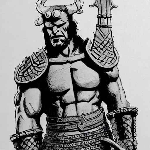 Prompt: pencil sketch of hellboy, large sword in hand, dressed like gladiator