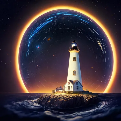 Prompt: An epic fantastic realism comic book style painting of the most beautiful spinning LIGHT HOUSE , launched across the dark and starry night sky,  fisheye, unreal 5, DAZ, hyperrealistic, octane render, dynamic lighting,FUNNY