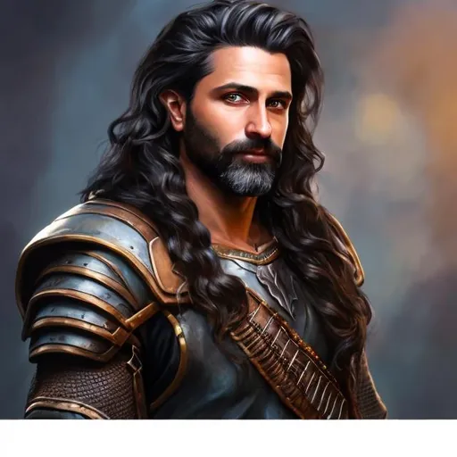 Prompt: realistic painting, fantasy character art, 40-year-old male, dark-skinned, hair is short on sides and longer on top, wavy black hair, short beard, necromancer, black-armor