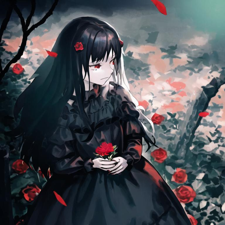 a sad girl dressed a black cloth and holding a red f... | OpenArt