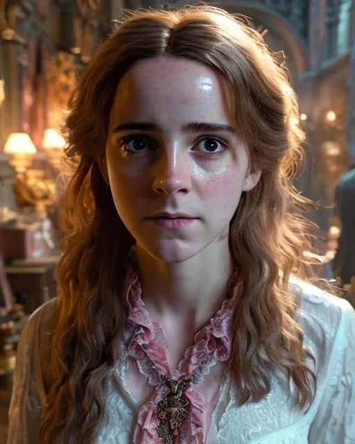 Prompt: Hermione Granger wearing a floral patterned blouse, a big candy necklace around her neck. ultra detailed, highly detailed scenario, photorealistic, intricate, masterpiece, UHD, HDR, symmetric, coherent, epic detail, stunning, beautiful, ,lumen render ,lumen path tracing ,path tracing light ,path tracing shadow ,path tracing special fx, 