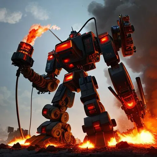 Prompt: Giant robot, flamethrower in his hand, burns, cyber-war, explosion, hd ultra 4k, hyper-realistic 