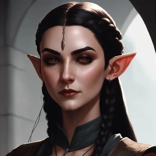 Prompt: Female Elf,  dark hair, french-braid, black scale-mail, dnd character portrait, Evil, Thief