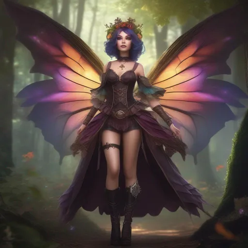 Prompt: ((Epic)). ((Cinematic)). Shes a colorful, Steam Punk, gothic, witch. ((distinct)) Winged fairy, with a skimpy, ((colorful)), gossamer, flowing outfit, standing in a forest by a village. ((Wide angle)). Detailed Illustration. ((4k)), 8k.  Full body in shot. Hyper real painting. Photo-real. A ((beautiful)), very shapely woman with ((anatomically real hands)), and ((vivid)) colorful, ((bright)) eyes. A ((pristine))  Halloween night. (Concept style art). 