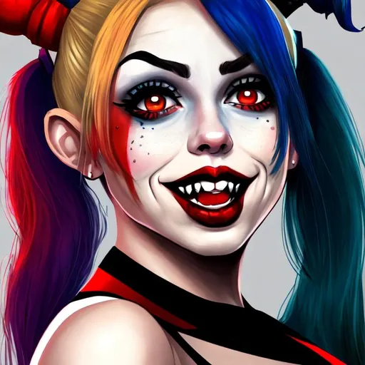 Prompt: Beautiful woman Harley Quinn cartoon portrait 