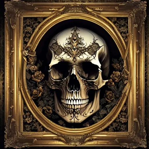 Prompt: a painting Hyperrealistic  of Skull inside style gothic a golden frame 