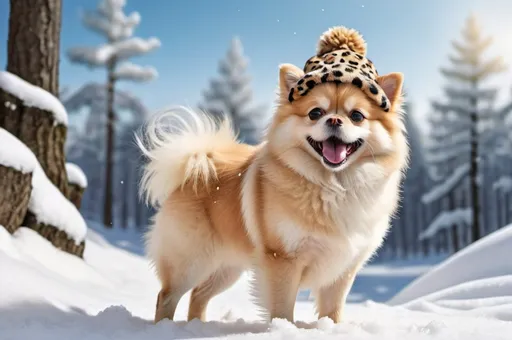 Prompt: photorealistic, a scenic winter forest snow landscape with falling snow, a cute happy little white Pomeranian playing with a Caucasian smiling happy brunette wearing a leopard fur hat, a leopard fur coat, a pair of denim jeans and beige boots, blue sky, full body view, low camera angle, detailed