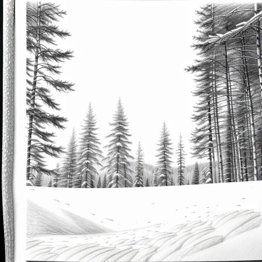 Prompt: black and white pencil drawing of a snow covered forest, blanket of smooth smoth on forest floor, vantage point of looking through the trees
