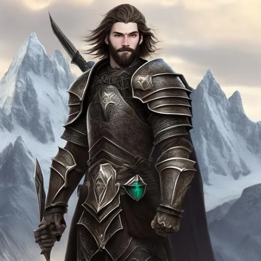 Prompt: High quality, photorealistic image of a Caucasian male, mid 20s, pale complexion and a three-day beard. He wears black armour, and he has Amber eyes. The setting is a mountain range. He has the air of a paladin.