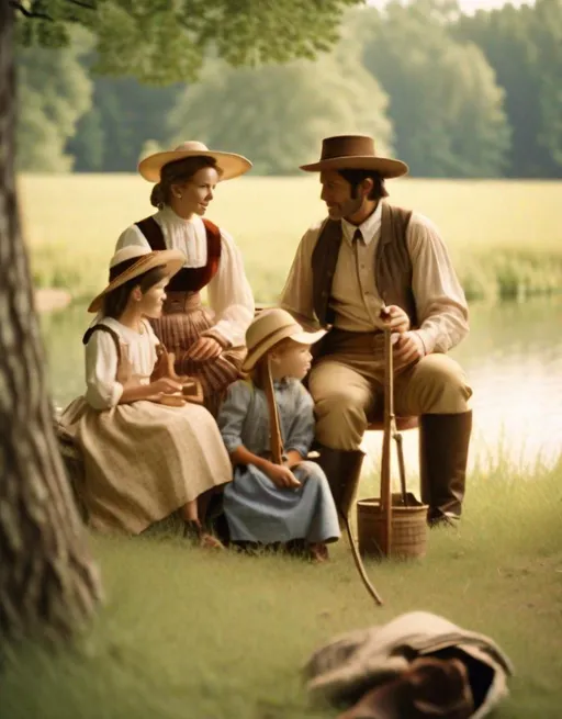 Prompt: A frontier family in 1800s attire enjoy summertime activities like horseback riding, fishing, and picnicing together in a wooded meadow. Golden light, shot on 35mm film. Nostalgic, warm, community.