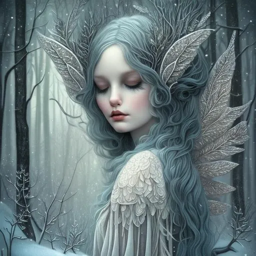 Prompt: "winter forest fairy, black leaves, detailed, intricate, surreal, christian schloe art"