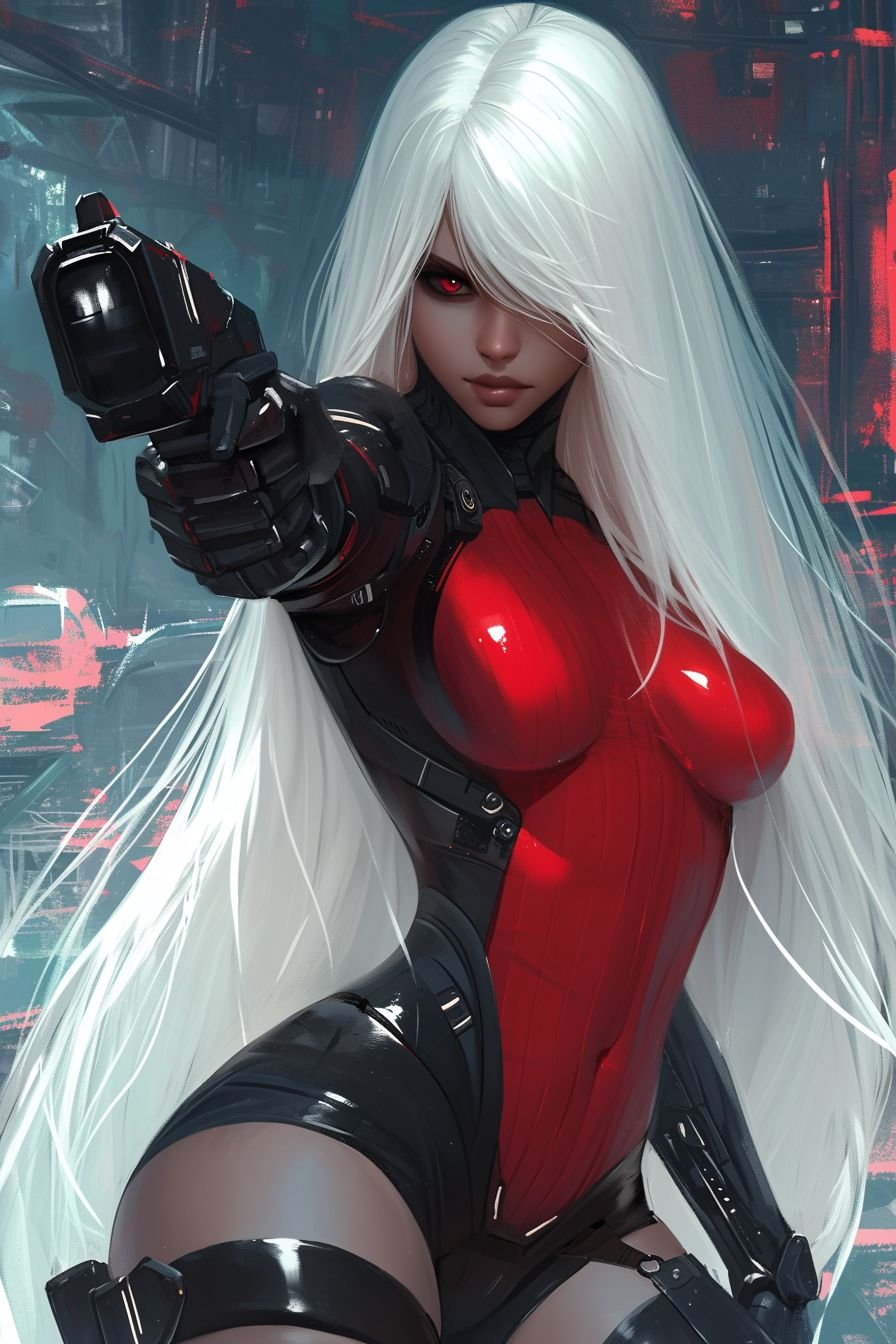 Prompt:  Young woman, straight white hair with red gradient, long bangs, dark skin tone, long eyelashes, full lips, black gloves, cyber outfit, aiming with her cannon robotic arm, big eyes, one eye visible, eye shadow, white silk hair, pale grey skin, dark cyberpunk city background. Ferocious face. She has feminine curves, an athletic physique, gorgeous face, curves, and dim lighting. In the style of cartoonish fantasy art. High resolution digital artwork. Detailed lines, action-packed cartoons, dnd character, mythology academia, vibrant colors.