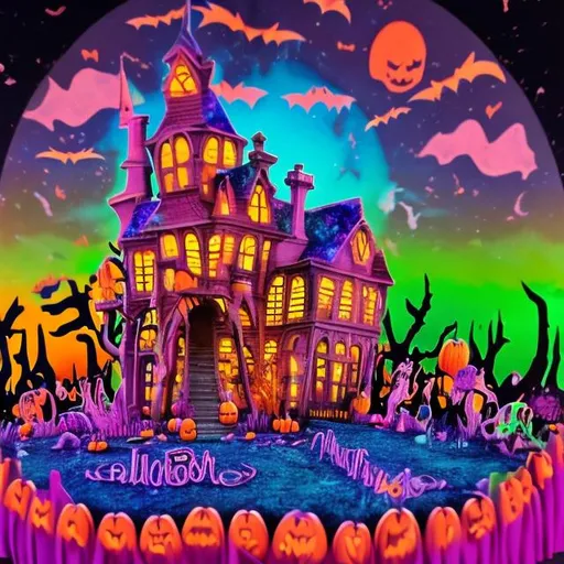 Prompt: Lisa frank style of Halloween Town diorama