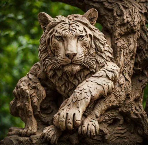 Prompt: A sculpture of a tiger in the jungle. Wood carving and green plants tapestry. Best quality, highly detailed, cinematic smooth.