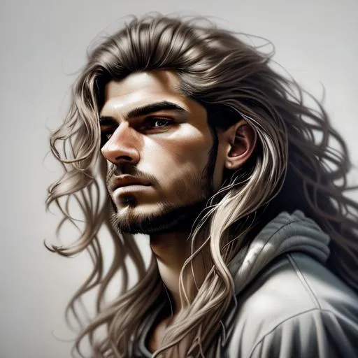 Prompt: Portrait of,male with long wavy hair, perfect composition,chiaroscuro, hyperrealistic, super detailed, 8k, high quality, trending art, trending on artstation, sharp focus, intricate details, highly detailed, by greg Rutkowski, Ryan Hewett 