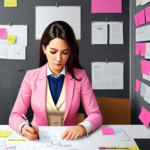 Prompt: Create a photorealistic picture that portrays a female designer in pink blazer who is completely surrounded by post-it notes and sketches, with a look of frustration on their face. The caption for the artwork should read "When you're the client and the designer and you can't seem to get on the same page." The female designer should be sitting at their desk, surrounded by a cluttered workspace filled with papers, markers, and other design tools. The photo style should use bold, vibrant colors to bring the scene to life, and should incorporate elements of humor and wit to capture the struggles of being a designer and their own client, shot of her, 64k, extremely detailed, extreme realistic