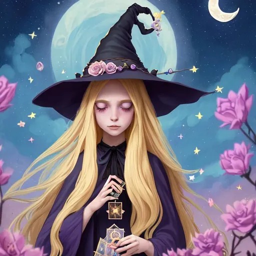 Prompt: witch with long blonde hair, using tarot cards, wearing witch hat, cute, flowers, aesthetic, pastel, fairycore, disney, pixar, moon, stars, witchcraft, in a starry pastel sky,  clouds, steven universe, sweet, dreamy, award winning illustration, artstation, highres