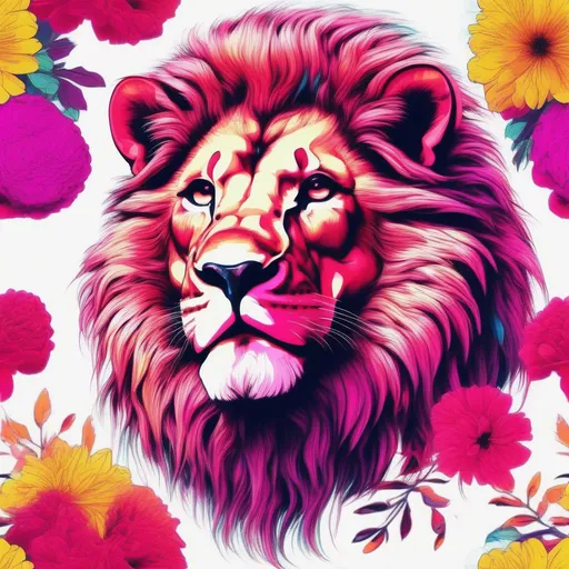 Prompt: a beautiful hyper realistic lion whose mane is made out of flowers, in an 80's synth wave style