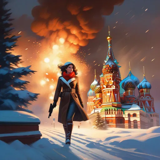 Prompt: Third person shooter, female protagonist, explosions, snow, Moscow, cartoony, cold night atmosphere, extremely detailed painting by Greg Rutkowski and by Henry Justice Ford and by Steve Henderson