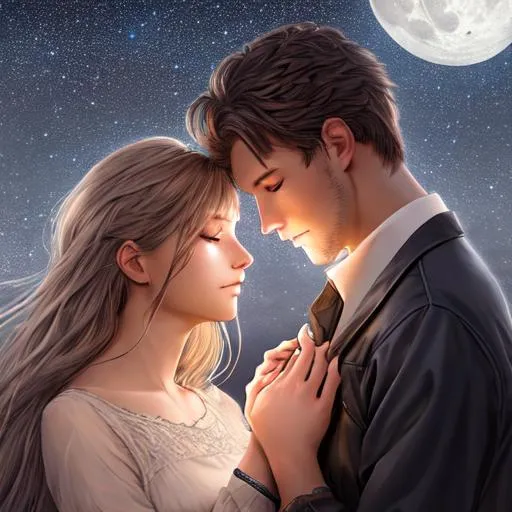 Prompt: Two lovers intertwined together under the full moon in a starry night sky with a soft wind blowing, hyperdetailed features, photorealistic, high quality, trending on artstation, intricately detailed, 