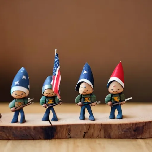 Prompt: Tiny wooden patriots going to war