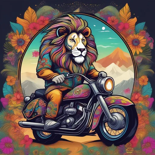 Prompt: an old furry lion (Beautiful {Sugarskull} and happy face), graying hair, wearing Psychedelic Ornaments, wearing a shirt with tropical flowers on it, riding a big trail motorcycle.