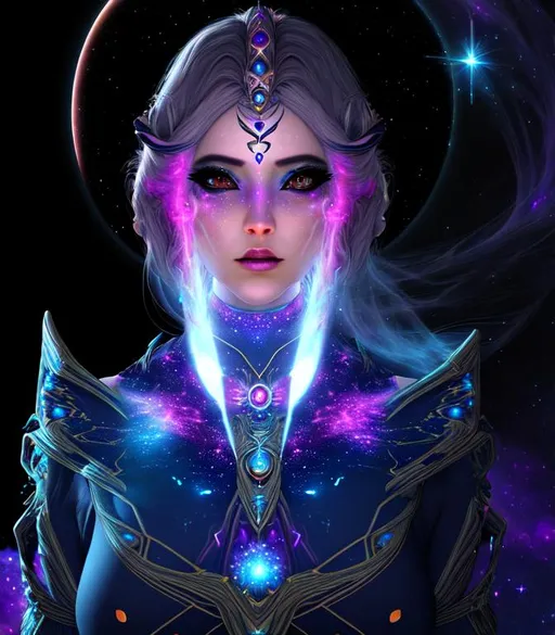 Prompt: Cosmic, Nebula, cinematic, 3D, HD, {Female}Sorceress, expansive psychedelic background, full-moon, hyper realistic, 4K --s98500