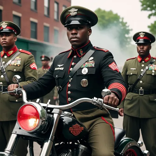 Prompt: A Black man in a black military uniform of 1920's with red, black and green stripes on collar on a Black Harley Davidson Fatboy motorcycle.  With a red, black and green  with his army of brothers