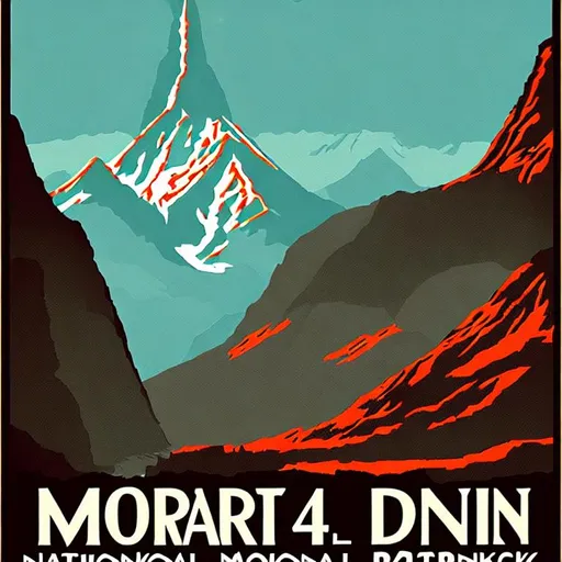 Prompt: national park poster for mordor 4 color with tiny nps logo in corner