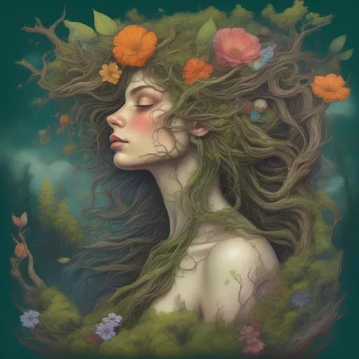 Prompt: A colourful and beautiful Persephone, a forest nymph, with tree bark for skin, branches growing out of her head as hair, and moss, plants and flowers growing on her body, her in a painted style, framed by a forest and clouds