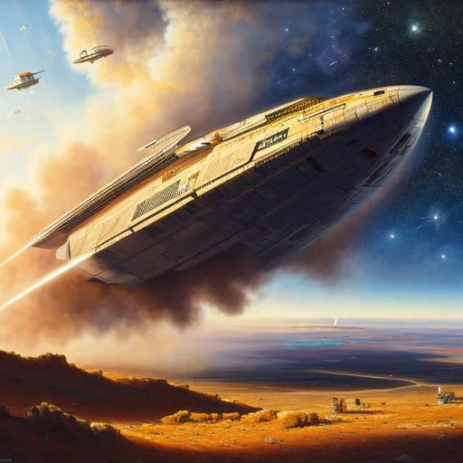 Prompt: starship, wreck, oil painting, hd quality, UHD, hd , 8k, hyper realism, panned out view resolution, dead spaceman, ancient, war battle,