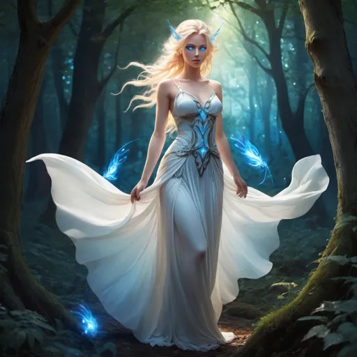 Prompt: Full body, Fantasy illustration of a female nymph, very beautiful, blond fancy hairstyle, blue glowing eyes, majestic and otherwordly apperance, elegant white flowing dress, mystic expression, high quality, rpg-fantasy, bright fairy forest background