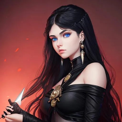 Prompt: An insanely beautiful girl around 18 years old. wearing black skull earrings. holding a sharp dagger in one hand. perfect anatomy, symmetrically perfect face. beautiful deep blue eyes. beautiful long black wavy hair. hyper realistic. no extra limbs or hands or fingers or legs or arms.