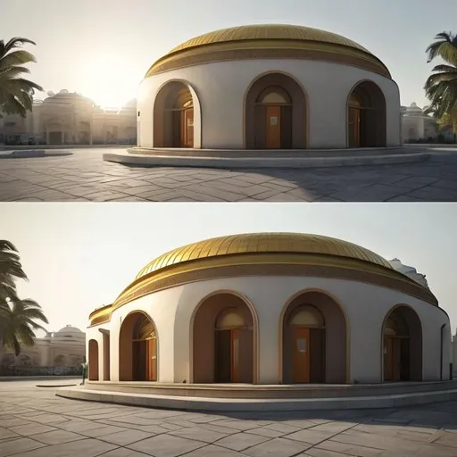 Prompt: simplet Flat single storey square building in concrete with no towers. No decorations. Seen from the outside. the roof shaped like a large  dome covered in gold symbolising the rising sun. Nothing on top of the dome. The building has windows with Gothic arches and a door shaped like a semicircle. A big door in the shape of a half circle with sun rays emanating from it