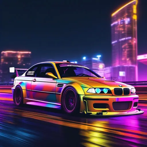 Prompt: 2001 BMW M3 E46 GTR, synthwave, aesthetic cyberpunk, miami, highway, dusk, neon lights, coastal highway, dusk, neon lights, coastal highway, sunset, drift, nurburgring, water on the road, blade runner, 8k, watercolor, macro sharp focus, 8, hyper realistic, cinematic