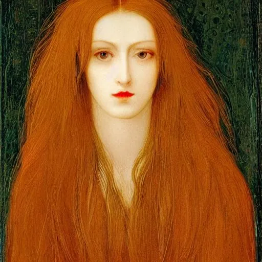 Prompt: A woman's face. She has a long elegant neck. She is very pale. Her lips are red and full. Her hair is long and bright red. All of her head and face are visible. A lot of texture. In the style of Rosetti. 