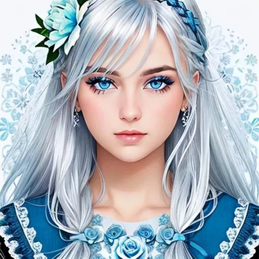 Prompt: Woman with thick silver hair, blue eyes, flowers in hair,ice blue color scheme