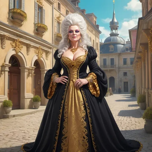 Prompt: Full body, Fantasy illustration of a female wizzard, 50 years old, chubby, elegant black robe with golden ornaments, marie antoinette styled rococo wig, colorful extravagant makeup, sneaky expression, high quality, rpg-fantasy, detailed, roman style fantasy town background