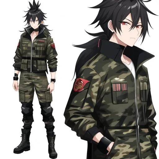 Prompt:  Yuichi 1male. {{Black mohawk hair}} Wearing a camouflage jacket, cargo pants, sturdy boots, utility belt with pockets. Adam Manyoki, official art,  UHD. 4K. Highly detailed face.