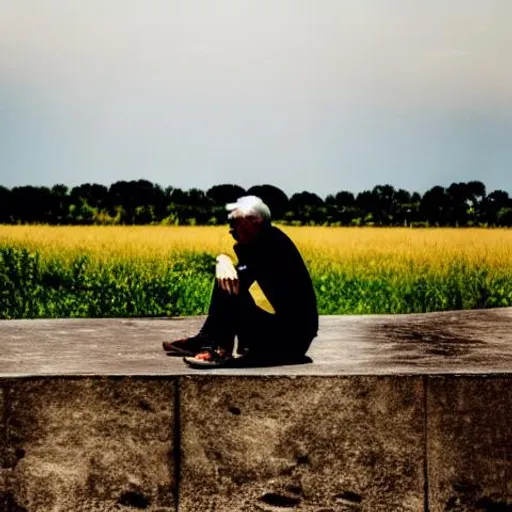 Prompt: An old man sitting on a slab of stone in the middle of a field