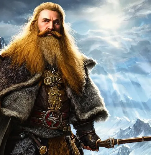 Prompt: oil painting, UHD, hd , 8k, , hyper realism, Very detailed, zoomed out view of character, full character visible, a Dungeons and Dragons Hill-dwarf Druid with fur armor, he has redblonde hair and beard, blue eyes, character art, rings on fingers, nordic tattoos, no weapons, realistic hand and fingers