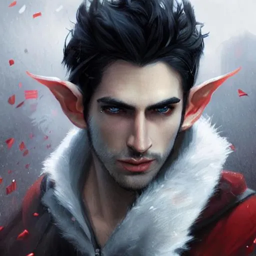 Prompt: hot looking black haired guy with red eyes with elf ears wearing jacket, light stubble, digital art, photorealistoc, art by greg rutkowski, hyperdetailed, western comic style, comic, comic style, sharp lineart, professional lighting, deviantart, artstation, trevor henderson, rossdtaws, cinematic, dramatic