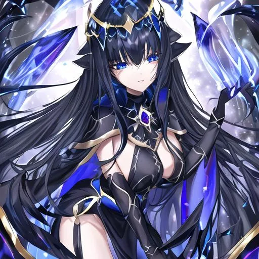 Prompt: Sapphire blue asassin cloak, long galactic black hair, gold eyes,female, black wings, 8k,