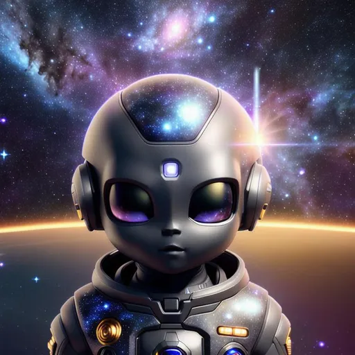 Prompt: {center shot} 3D, HD, SciFi, Dreamy, Cosmos, Cute!!!!({Grey Alien}Toddler!!! as Gunfighter) {facing camera}, Expansive starry cosmic background, ultra-detailed, backlit, shadows, ultra-sharp focus, detail, ominous, symmetrical, golden ratio, intricate, cinematic character render, unreal engine 5, 64K --s98500