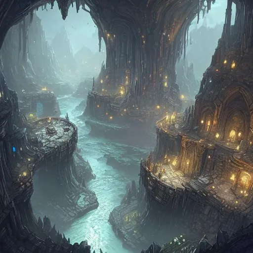 Prompt: fantasy, concept art, underdark, underground city with river flowing through it, small settlements made of stone