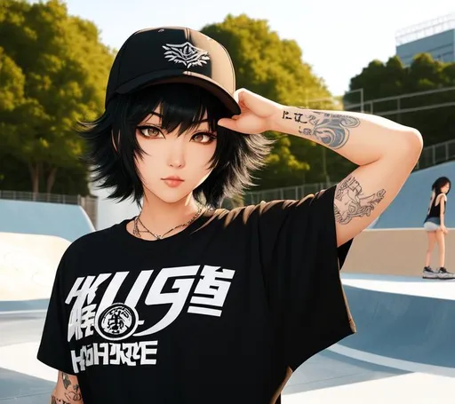 Prompt: manga by Kohei Horikoshi, hot tough 3D korean girl with medium length black fluffy hair and black eyes, arm tattoos, pale complexion, Joan Jett lookalike, round face, bushy eyebrows, smug expression, glaring eyes, snapback hat, baggy long black shirt and black baggy jeans, skatepark setting, golden hour, medium shot, mid-shot, front view, ultra realistic, intricate details, highly detailed, trending on Artstation, Hyperealistic details ray tracing shaders, octane render 8 k, 64k, UHD, unreal engine 